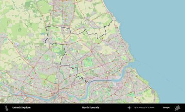 Kuzey Tyneside. Bir OpenStreetMap Alman stil haritasında Birleşik Krallık 'ın özetlenmiş idari alanı