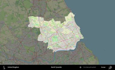 Kuzey Tyneside. Birleşik Krallık 'ın idari alanı karartılmış bir OpenStreetMap tarzı Alman haritasına vurgulanmış ve özetlenmiştir