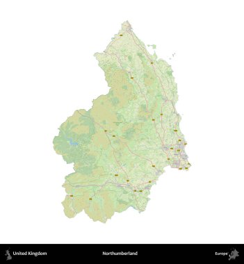 Northumberland 'de. Birleşik Krallık 'ın idari alanı bir OpenStreetMap Alman stili haritasında beyazda izole edildi