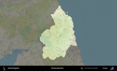 Northumberland 'de. Birleşik Krallık 'ın idari alanı karartılmış bir OpenStreetMap tarzı Alman haritasına vurgulanmış ve özetlenmiştir