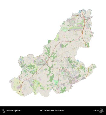Kuzey Batı Leicestershire. Birleşik Krallık 'ın idari alanı bir OpenStreetMap Alman stili haritasında beyazda izole edildi