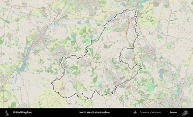 Kuzey Batı Leicestershire. Bir OpenStreetMap Alman stil haritasında Birleşik Krallık 'ın özetlenmiş idari alanı