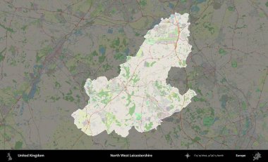 Kuzey Batı Leicestershire. Birleşik Krallık 'ın idari alanı karartılmış bir OpenStreetMap tarzı Alman haritasına vurgulanmış ve özetlenmiştir