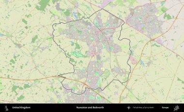 Nuneaton ve Bedworth. Bir OpenStreetMap Alman stil haritasında Birleşik Krallık 'ın özetlenmiş idari alanı