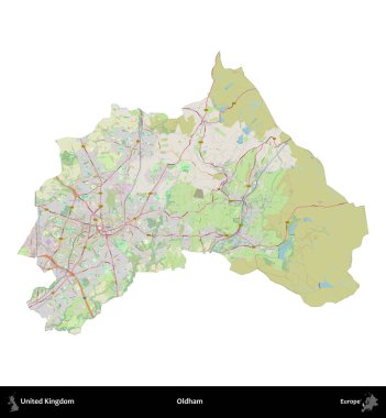 Oldham. Birleşik Krallık 'ın idari alanı bir OpenStreetMap Alman stili haritasında beyazda izole edildi