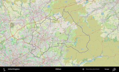 Oldham. Bir OpenStreetMap Alman stil haritasında Birleşik Krallık 'ın özetlenmiş idari alanı