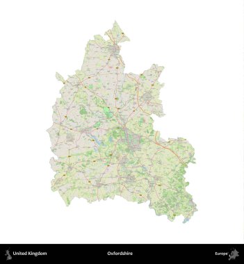 Oxfordshire 'da. Birleşik Krallık 'ın idari alanı bir OpenStreetMap Alman stili haritasında beyazda izole edildi