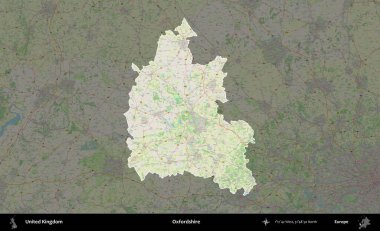 Oxfordshire 'da. Birleşik Krallık 'ın idari alanı karartılmış bir OpenStreetMap tarzı Alman haritasına vurgulanmış ve özetlenmiştir
