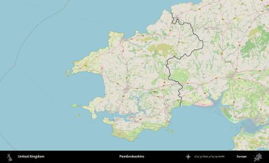 Pembrokeshire. Bir OpenStreetMap Alman stil haritasında Birleşik Krallık 'ın özetlenmiş idari alanı