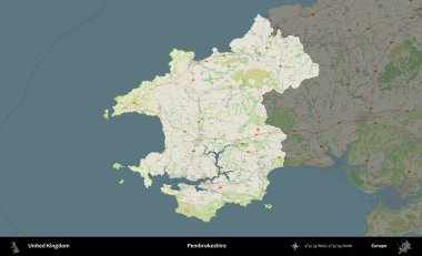 Pembrokeshire. Birleşik Krallık 'ın idari alanı karartılmış bir OpenStreetMap tarzı Alman haritasına vurgulanmış ve özetlenmiştir