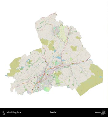 Pendle. Birleşik Krallık 'ın idari alanı bir OpenStreetMap Alman stili haritasında beyazda izole edildi