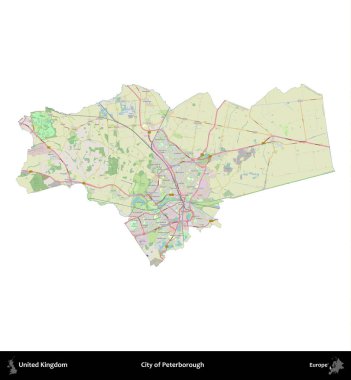 Peterborough şehri. Birleşik Krallık 'ın idari alanı bir OpenStreetMap Alman stili haritasında beyazda izole edildi