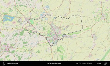Peterborough şehri. Bir OpenStreetMap Alman stil haritasında Birleşik Krallık 'ın özetlenmiş idari alanı