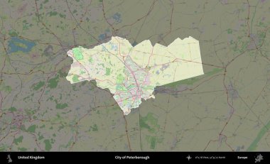 Peterborough şehri. Birleşik Krallık 'ın idari alanı karartılmış bir OpenStreetMap tarzı Alman haritasına vurgulanmış ve özetlenmiştir