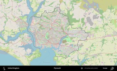 Plymouth. Bir OpenStreetMap Alman stil haritasında Birleşik Krallık 'ın özetlenmiş idari alanı