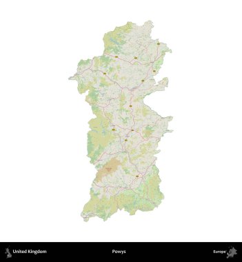 Powys. Birleşik Krallık 'ın idari alanı bir OpenStreetMap Alman stili haritasında beyazda izole edildi