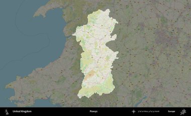 Powys. Birleşik Krallık 'ın idari alanı karartılmış bir OpenStreetMap tarzı Alman haritasına vurgulanmış ve özetlenmiştir