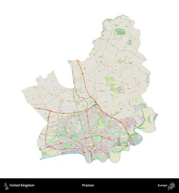 Preston. Birleşik Krallık 'ın idari alanı bir OpenStreetMap Alman stili haritasında beyazda izole edildi