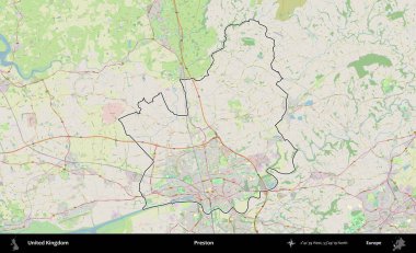 Preston. Bir OpenStreetMap Alman stil haritasında Birleşik Krallık 'ın özetlenmiş idari alanı