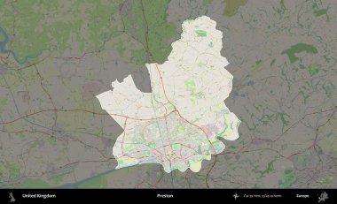 Preston. Birleşik Krallık 'ın idari alanı karartılmış bir OpenStreetMap tarzı Alman haritasına vurgulanmış ve özetlenmiştir