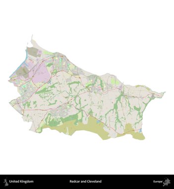Redcar ve Cleveland. Birleşik Krallık 'ın idari alanı bir OpenStreetMap Alman stili haritasında beyazda izole edildi
