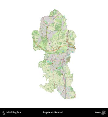 Reigate ve Banstead. Birleşik Krallık 'ın idari alanı bir OpenStreetMap Alman stili haritasında beyazda izole edildi