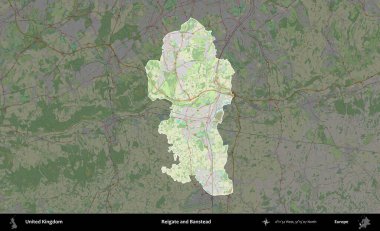 Reigate ve Banstead. Birleşik Krallık 'ın idari alanı karartılmış bir OpenStreetMap tarzı Alman haritasına vurgulanmış ve özetlenmiştir