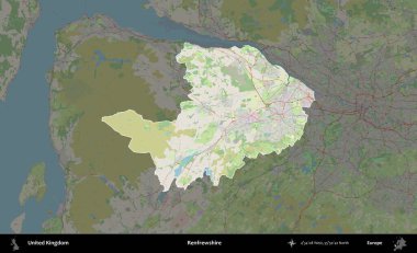 Renfrewshire 'da. Birleşik Krallık 'ın idari alanı karartılmış bir OpenStreetMap tarzı Alman haritasına vurgulanmış ve özetlenmiştir