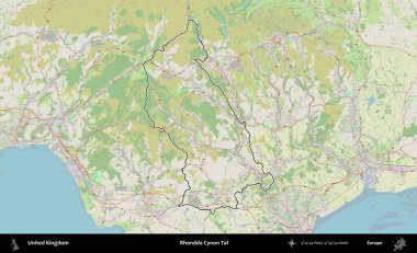 Rhondda Cynon Taf. Bir OpenStreetMap Alman stil haritasında Birleşik Krallık 'ın özetlenmiş idari alanı