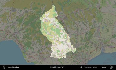 Rhondda Cynon Taf. Birleşik Krallık 'ın idari alanı karartılmış bir OpenStreetMap tarzı Alman haritasına vurgulanmış ve özetlenmiştir