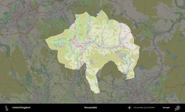 Rossendale 'de. Birleşik Krallık 'ın idari alanı karartılmış bir OpenStreetMap tarzı Alman haritasına vurgulanmış ve özetlenmiştir