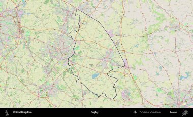 Ragbi. Bir OpenStreetMap Alman stil haritasında Birleşik Krallık 'ın özetlenmiş idari alanı
