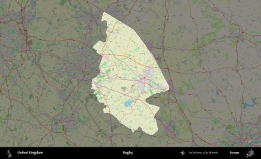 Ragbi. Birleşik Krallık 'ın idari alanı karartılmış bir OpenStreetMap tarzı Alman haritasına vurgulanmış ve özetlenmiştir
