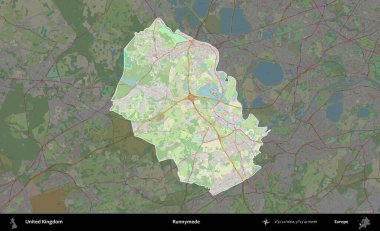 Runnymede. Birleşik Krallık 'ın idari alanı karartılmış bir OpenStreetMap tarzı Alman haritasına vurgulanmış ve özetlenmiştir