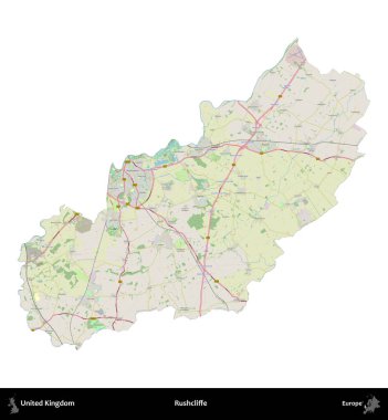 Rushcliffe. Birleşik Krallık 'ın idari alanı bir OpenStreetMap Alman stili haritasında beyazda izole edildi