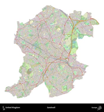 Sandwell. Birleşik Krallık 'ın idari alanı bir OpenStreetMap Alman stili haritasında beyazda izole edildi