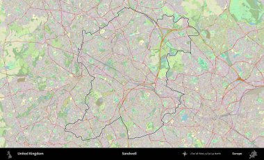 Sandwell. Bir OpenStreetMap Alman stil haritasında Birleşik Krallık 'ın özetlenmiş idari alanı
