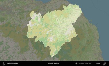 İskoç Sınırı. Birleşik Krallık 'ın idari alanı karartılmış bir OpenStreetMap tarzı Alman haritasına vurgulanmış ve özetlenmiştir