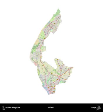 Sefton. Birleşik Krallık 'ın idari alanı bir OpenStreetMap Alman stili haritasında beyazda izole edildi