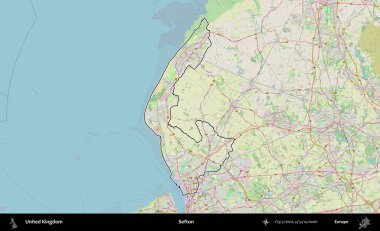 Sefton. Bir OpenStreetMap Alman stil haritasında Birleşik Krallık 'ın özetlenmiş idari alanı