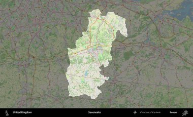 Yediler. Birleşik Krallık 'ın idari alanı karartılmış bir OpenStreetMap tarzı Alman haritasına vurgulanmış ve özetlenmiştir