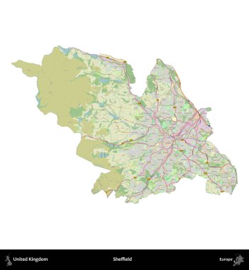 Sheffield. Birleşik Krallık 'ın idari alanı bir OpenStreetMap Alman stili haritasında beyazda izole edildi