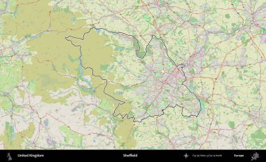 Sheffield. Bir OpenStreetMap Alman stil haritasında Birleşik Krallık 'ın özetlenmiş idari alanı