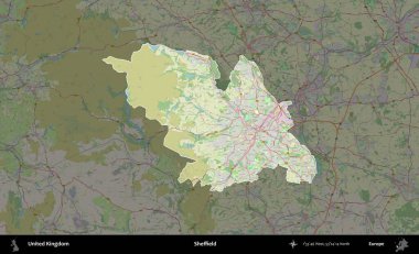 Sheffield. Birleşik Krallık 'ın idari alanı karartılmış bir OpenStreetMap tarzı Alman haritasına vurgulanmış ve özetlenmiştir