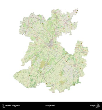 Shropshire 'da. Birleşik Krallık 'ın idari alanı bir OpenStreetMap Alman stili haritasında beyazda izole edildi