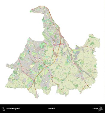Solihull. Birleşik Krallık 'ın idari alanı bir OpenStreetMap Alman stili haritasında beyazda izole edildi