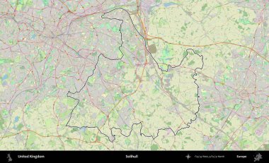 Solihull. Bir OpenStreetMap Alman stil haritasında Birleşik Krallık 'ın özetlenmiş idari alanı