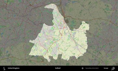 Solihull. Birleşik Krallık 'ın idari alanı karartılmış bir OpenStreetMap tarzı Alman haritasına vurgulanmış ve özetlenmiştir