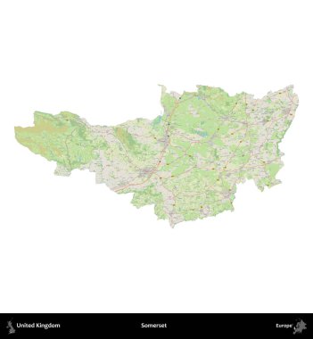 Somerset. Birleşik Krallık 'ın idari alanı bir OpenStreetMap Alman stili haritasında beyazda izole edildi