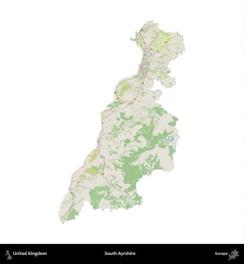 Güney Ayrshire. Birleşik Krallık 'ın idari alanı bir OpenStreetMap Alman stili haritasında beyazda izole edildi
